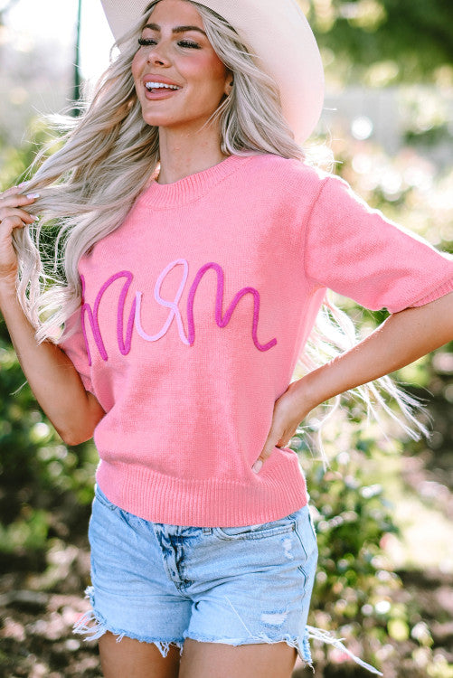 Mom Pink Tinsel Short Sleeve Sweater