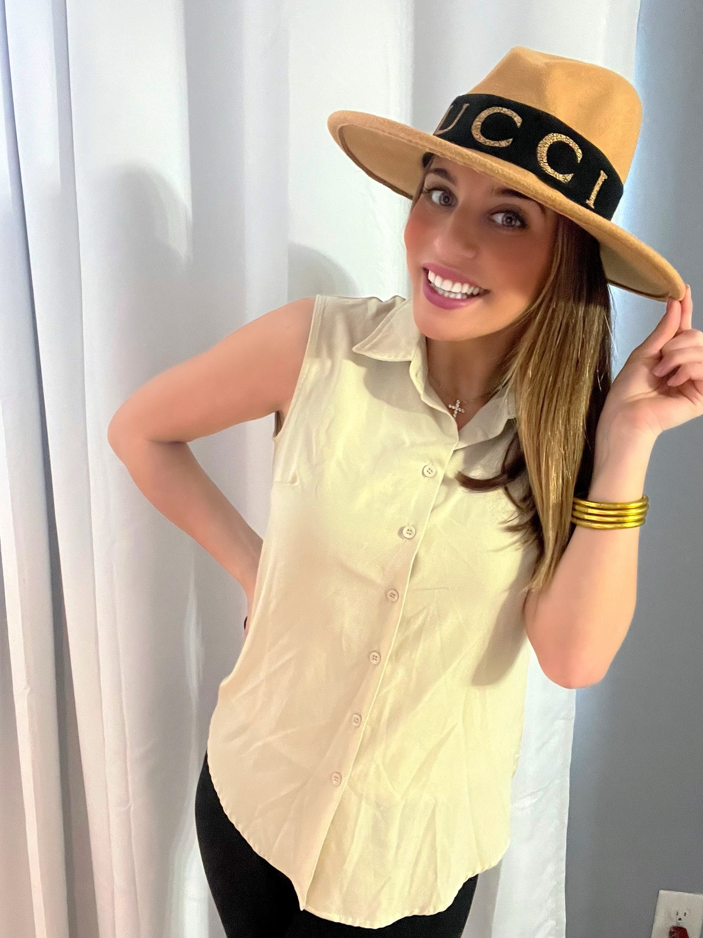Beige Button Up Collared Top