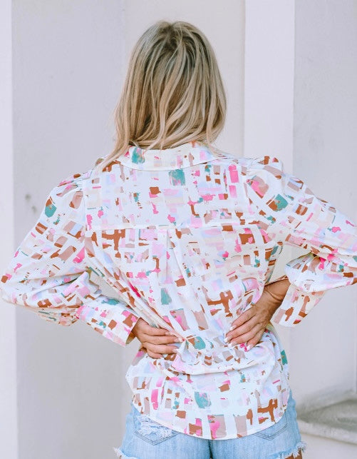 Shades Of Pink Abstract Lantern Sleeve Top