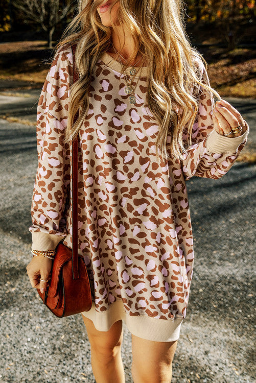 Lillian Leopard Long Sleeve Dress With Pockets