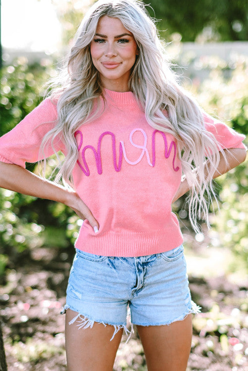Mom Pink Tinsel Short Sleeve Sweater