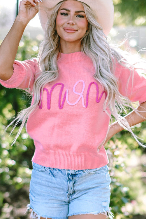 Mom Pink Tinsel Short Sleeve Sweater