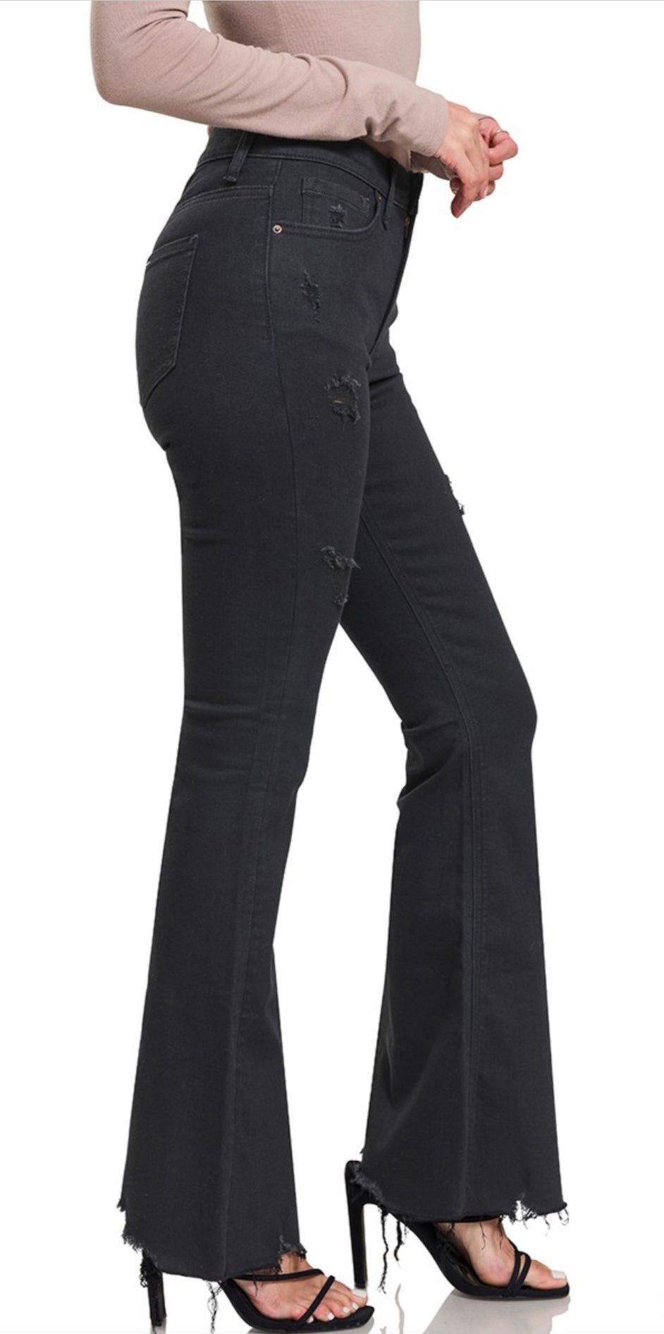 High Rise Black Flare Jeans Raw Hem