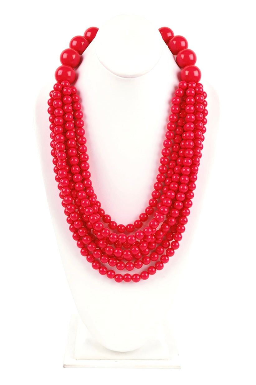 Red Beaded Layered Statement Necklace and Earring Set