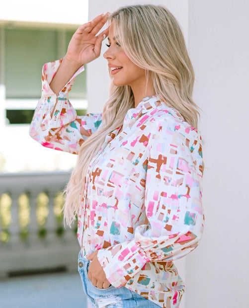 Shades Of Pink Abstract Lantern Sleeve Top