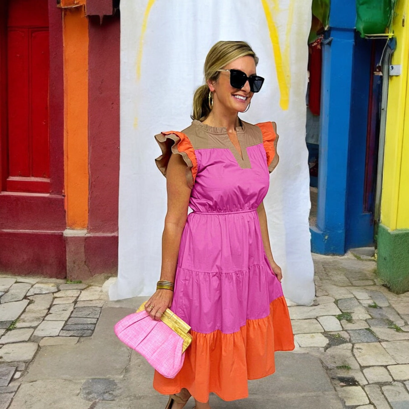 Sherbet Color Block Midi Dress