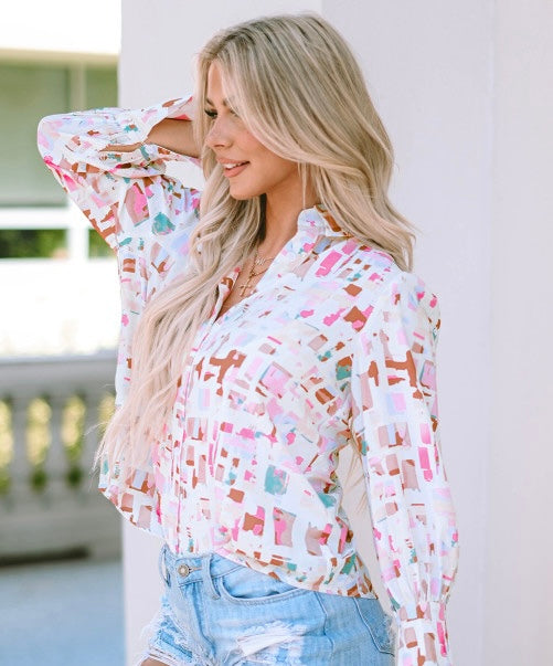 Shades Of Pink Abstract Lantern Sleeve Top