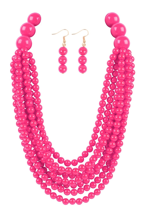 Pink Beaded Layered Statement Necklace & Earring Set