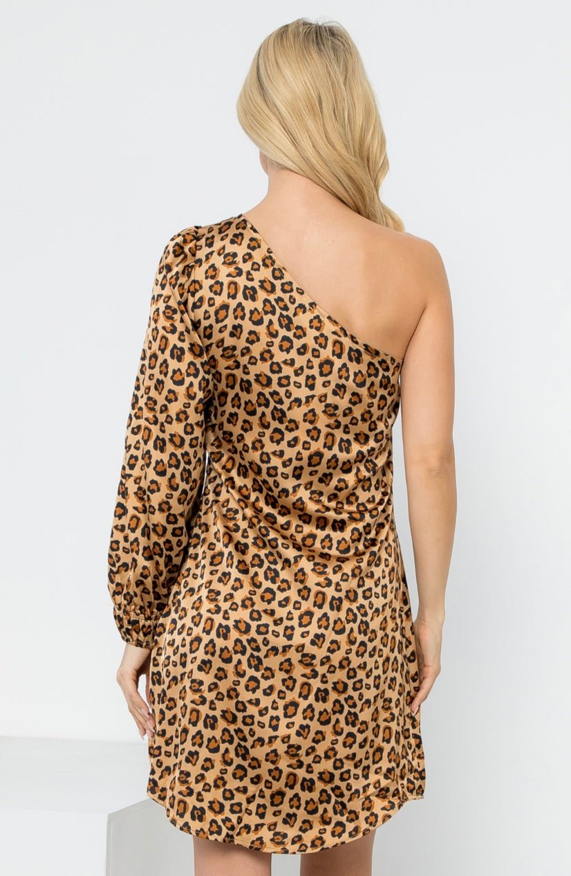Centerpiece of Attention Cold Shoulder Leopard Dress