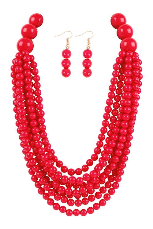 Red Beaded Layered Statement Necklace and Earring Set