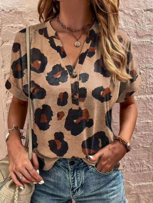 Animal Print Buttoned V Neck Top