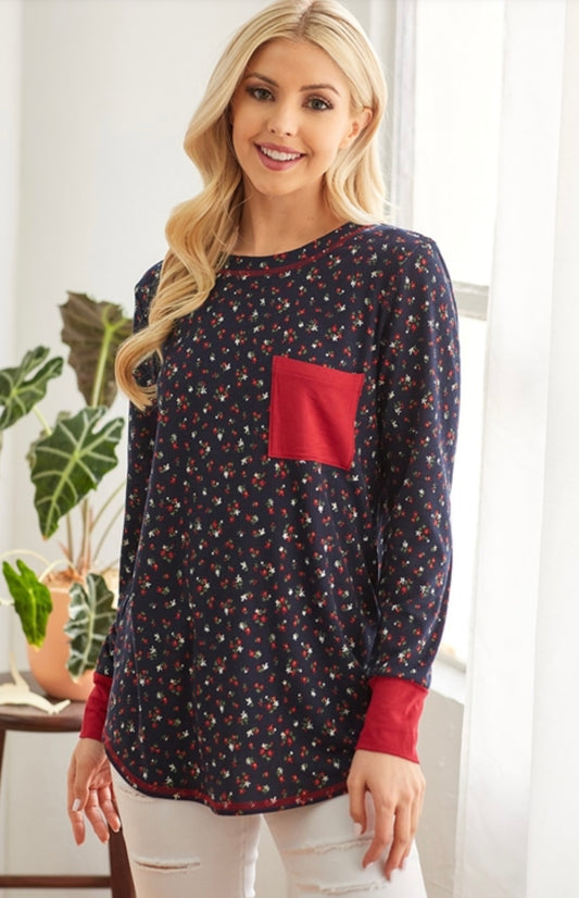 Navy and Red Floral Top