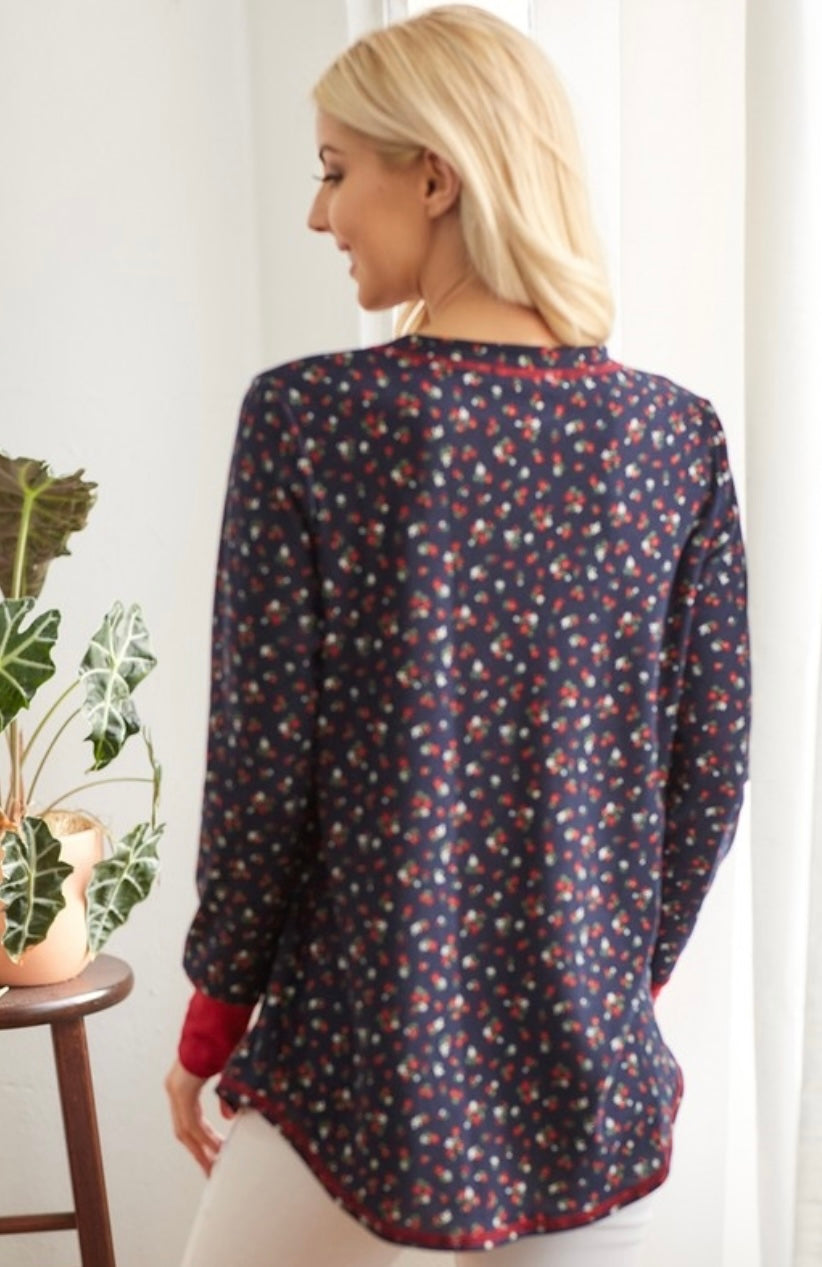 Navy and Red Floral Top