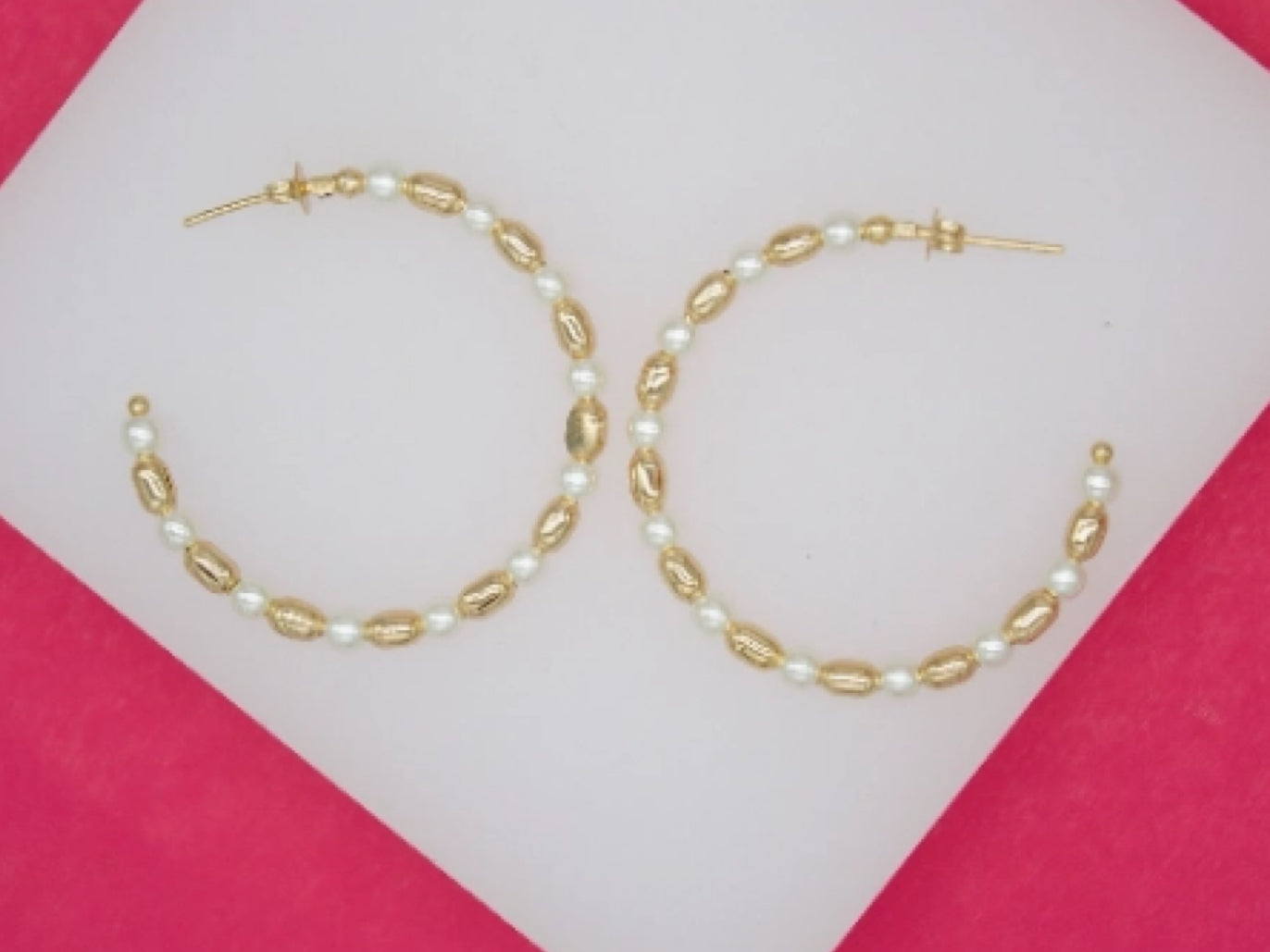 Pearl and Gold Beaded 18k Gold 2” Hoop Earrings