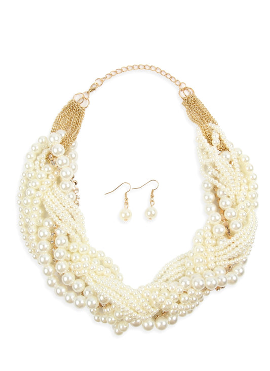 Layered Cream Pearl Necklace and Earring Set